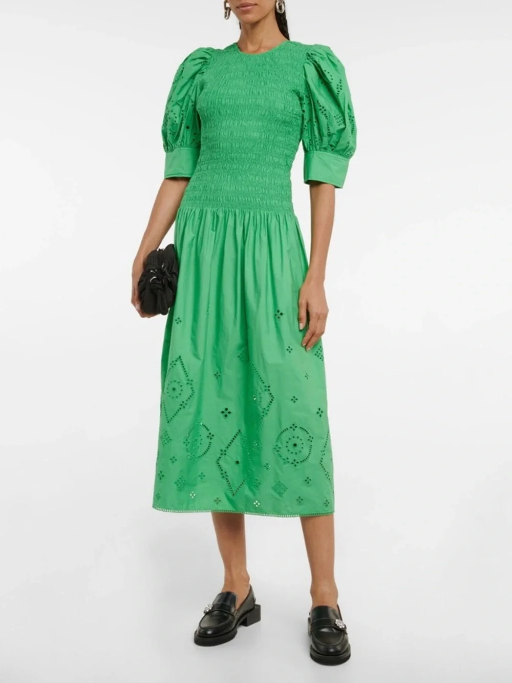 Ganni Women’s Kelly Green Broderie Anglaise Cotton Midi Dress—10/12